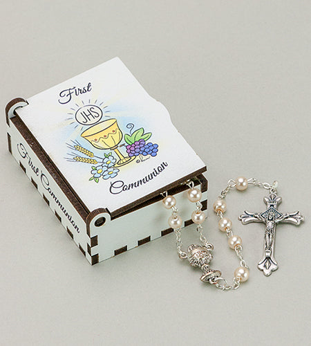 2" x 3" Wooden First Communion Keepsake Box w/ 6mm Communion Rosary