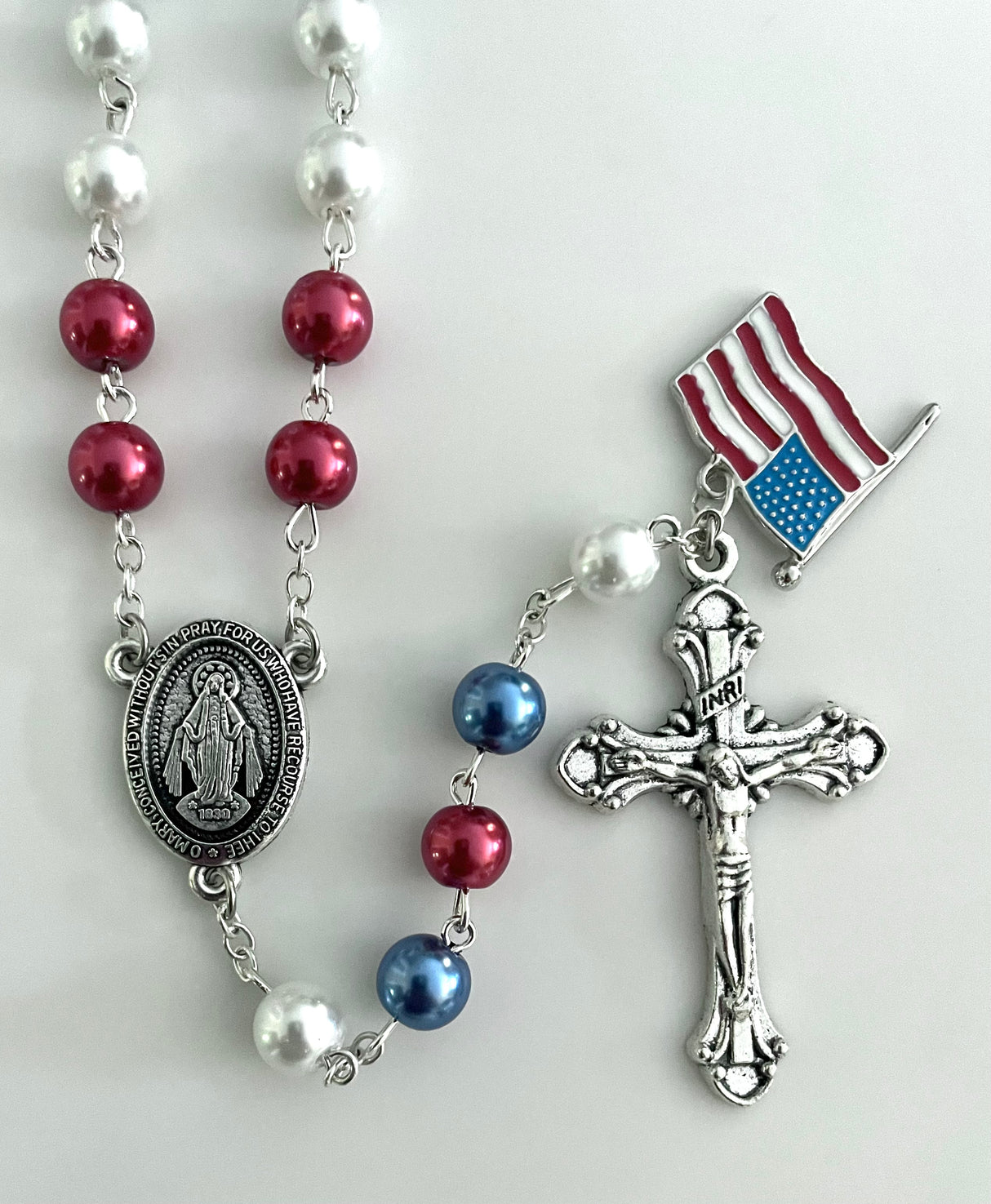 250th Anniversary USA Pearl Rosary Gift Boxed with Prayer Card
