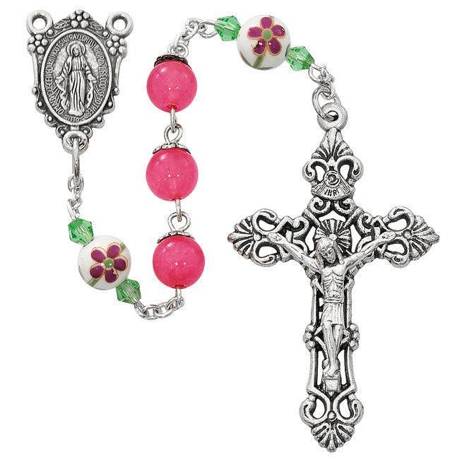 PINK & CERAMIC BEAD FLOWER ROSARY - R704DF