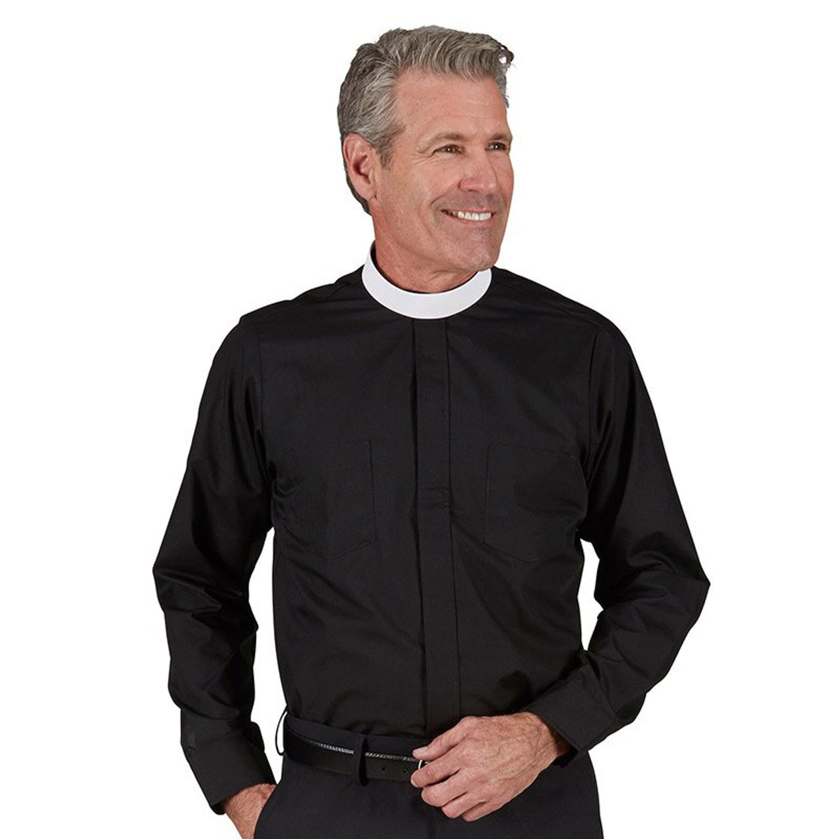 Camisa clergy Comfort para hombre - Manga larga negra - Cuello con banda en el cuello