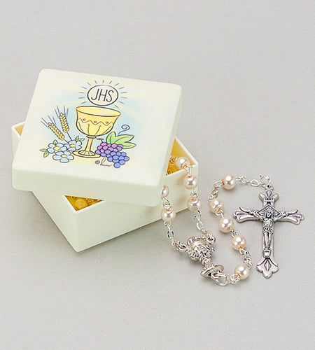 2"x 2" Molded First Communion Keepsake Box with 6mm Communion Rosary