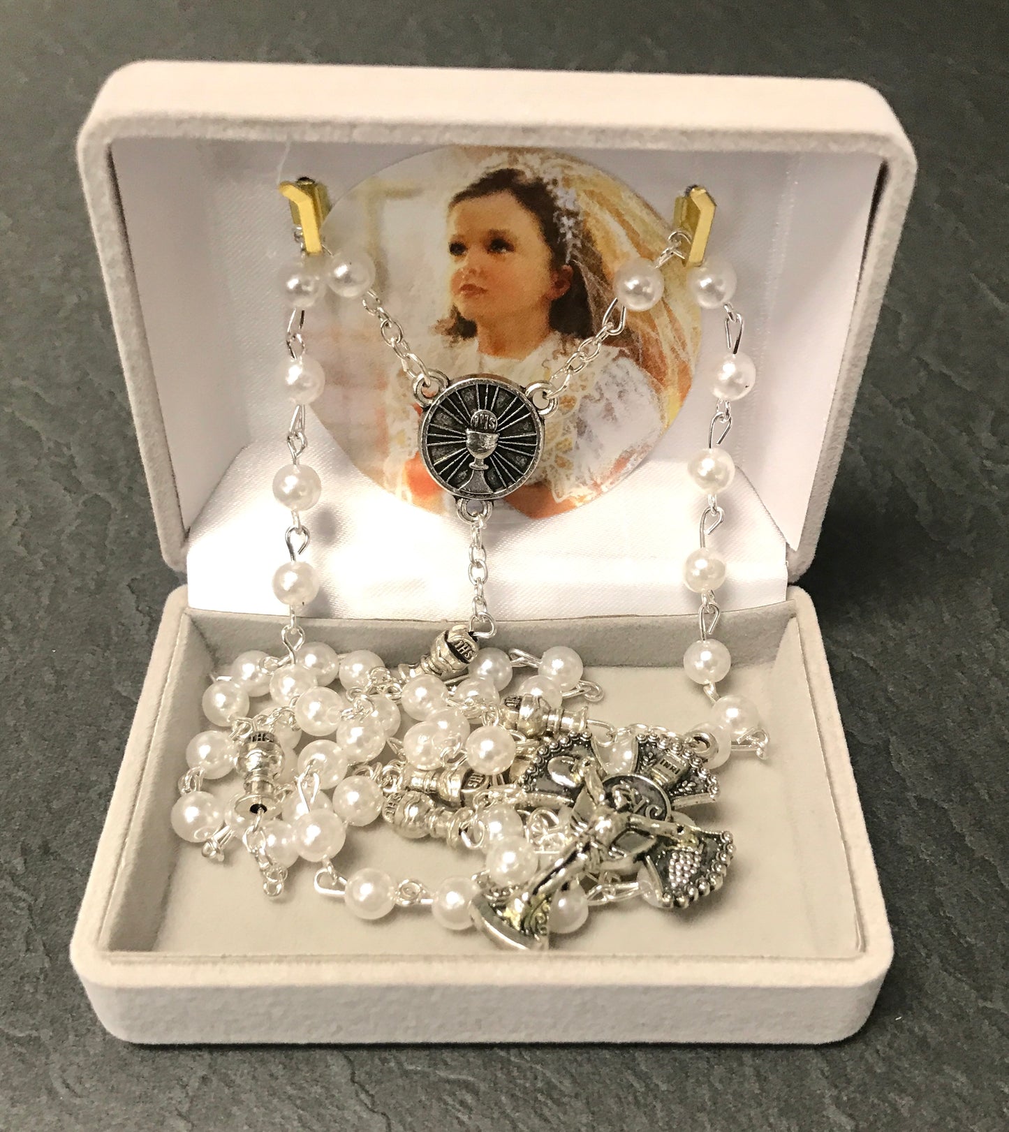 PEARL FIRST COMMUNION ROSARY WITH CHALICE OUR FATHER BEADS GIFT BOXED | Malhame