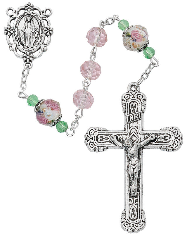 8MM PINK CRYSTAL FLOWER ROSARY