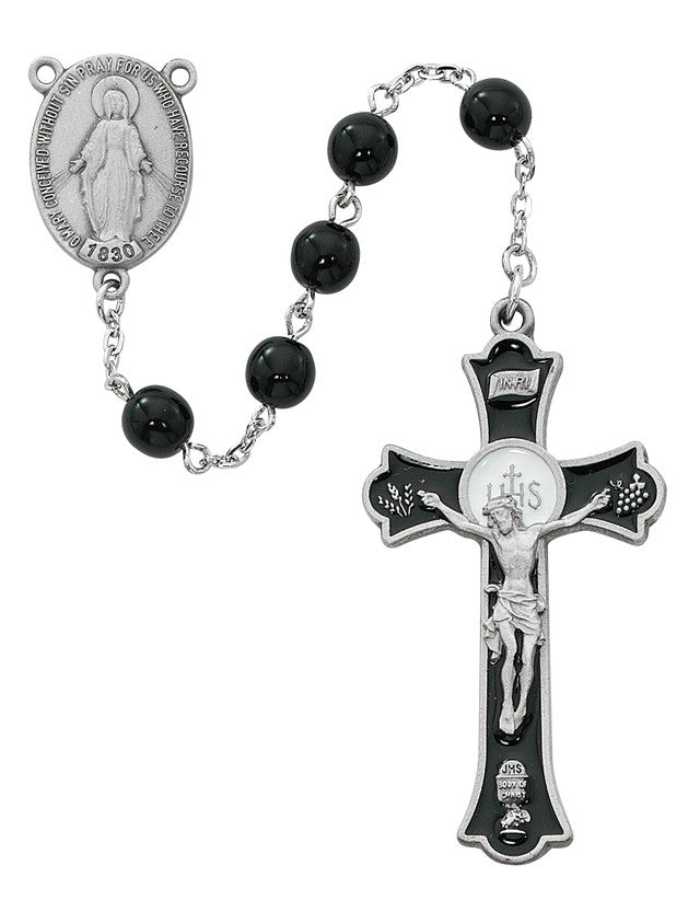 7MM PEWT BLACK GLASS ROSARY - R560DF