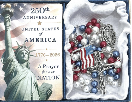 250th Anniversary USA Pearl Rosary Gift Boxed with Prayer Card
