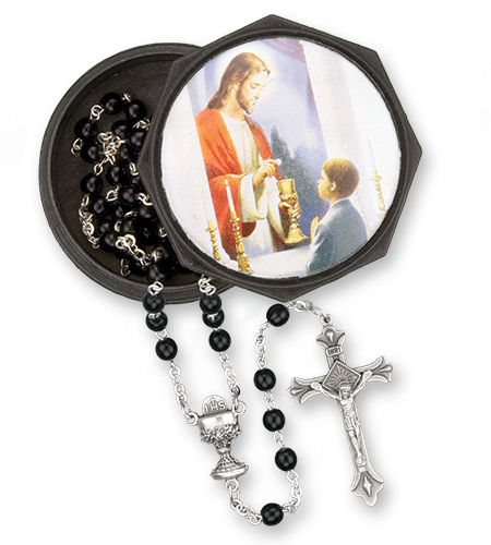 Traditions Boy Box with 5mm Black & Pearl Glass Rosary | Malhame