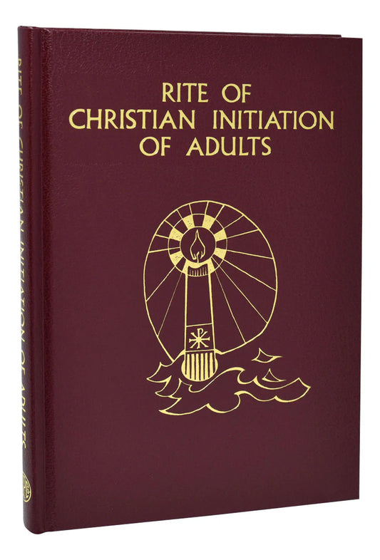 The Rite of Christian Initiation of Adults features stained page edging and an elegant red gold-stamped imitation leather cover.