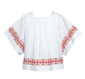 Surplice - Red Cross Design - Square Yoke - AB113B - Abbey Brand - Chiarelli's Religious Goods & Church Supply