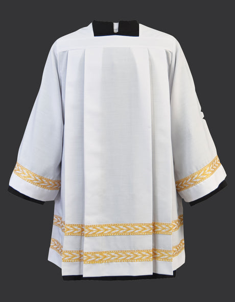 Poly/Wool Square Yoke Pleated Surplice with Gold Trim - 4341 - Beau Veste - Chiarelli's Religious Goods & Church Supply